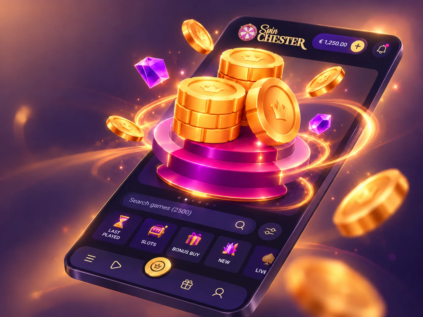 Smartphone mockup displaying the Spinchester mobile gaming platform