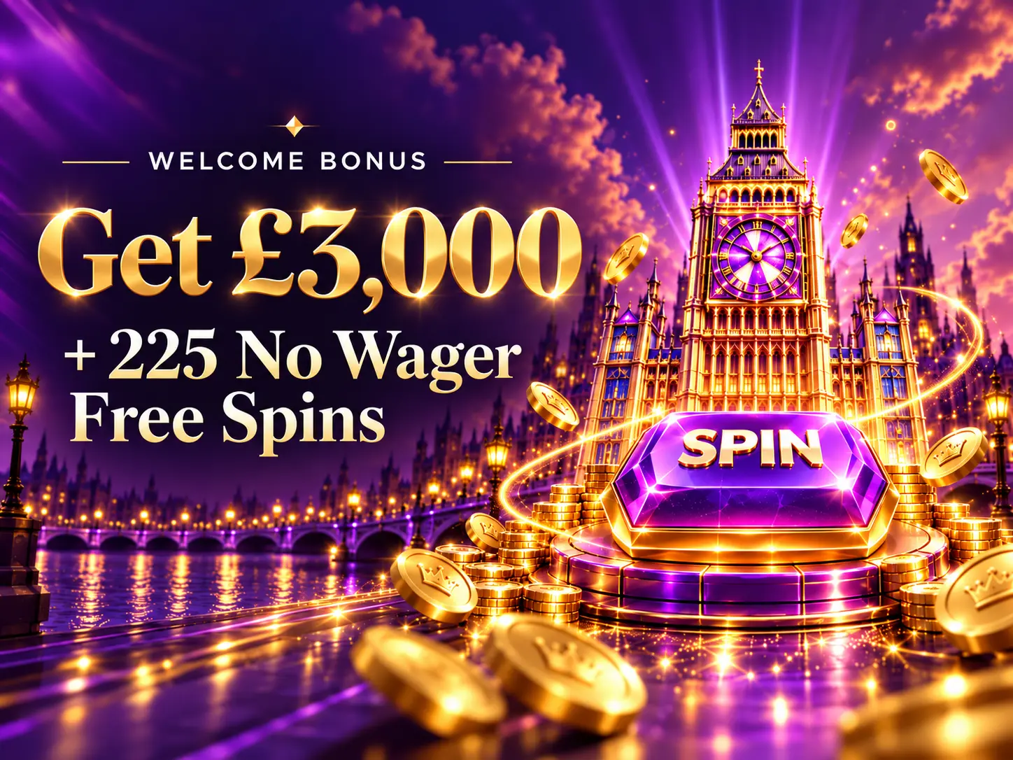 Promotional banner offering up to £3,000 and 225 free spins